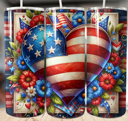 4th of July Independence Day 20oz Skinny Tumbler with Colorful Heart Design Style #3