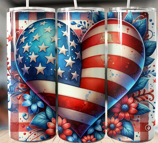 4th of July 20oz Skinny Tumbler with Heart and Floral Design Style #5