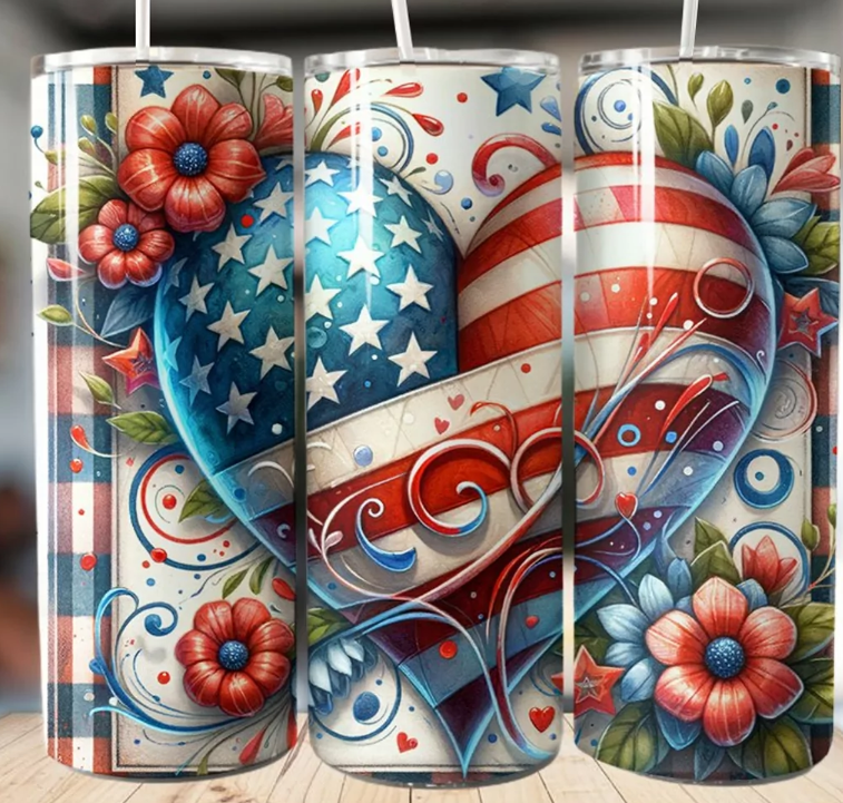 Patriotic Heart and Floral 20oz Skinny Tumbler for 4th of July Bash