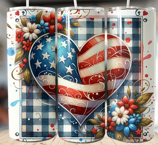 American Flag Heart Design Skinny Tumbler with Gingham Background