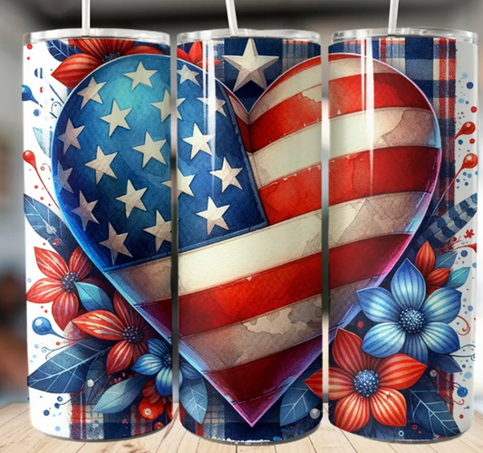 USA Flag Heart Design 20oz Skinny Tumbler with Gingham and Flower Pattern