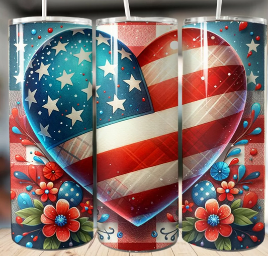 Patriotic Heart USA Flag Skinny Tumbler with Floral American Flag Design
