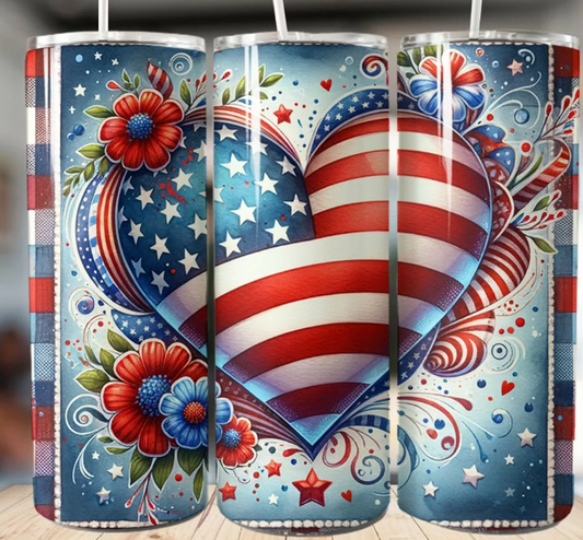 Patriotic USA Flag Heart Skinny Tumbler with Floral Accents