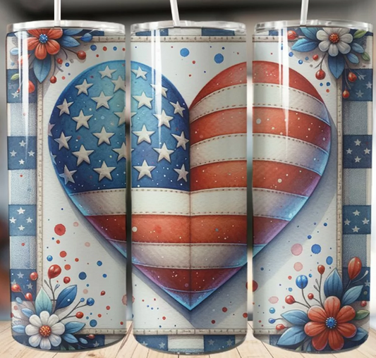 USA Flag Heart with Flag Ribbon Background and Flowers on a 20oz Skinny Tumbler
