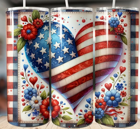 Floral American Flag Heart Design Skinny Tumbler - 20oz