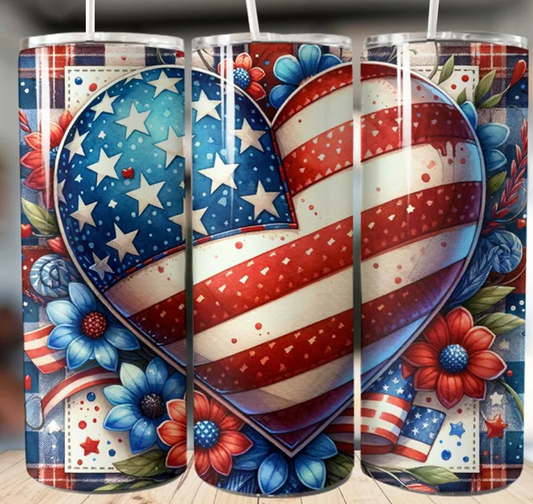 20oz Skinny Tumbler Featuring a Medley of Colorful Flowers and a Huge American Flag Heart