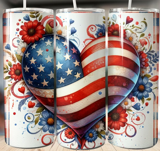 20oz Skinny Tumbler Adorned with a Beautiful USA Flag and Swirling Floral Pattern